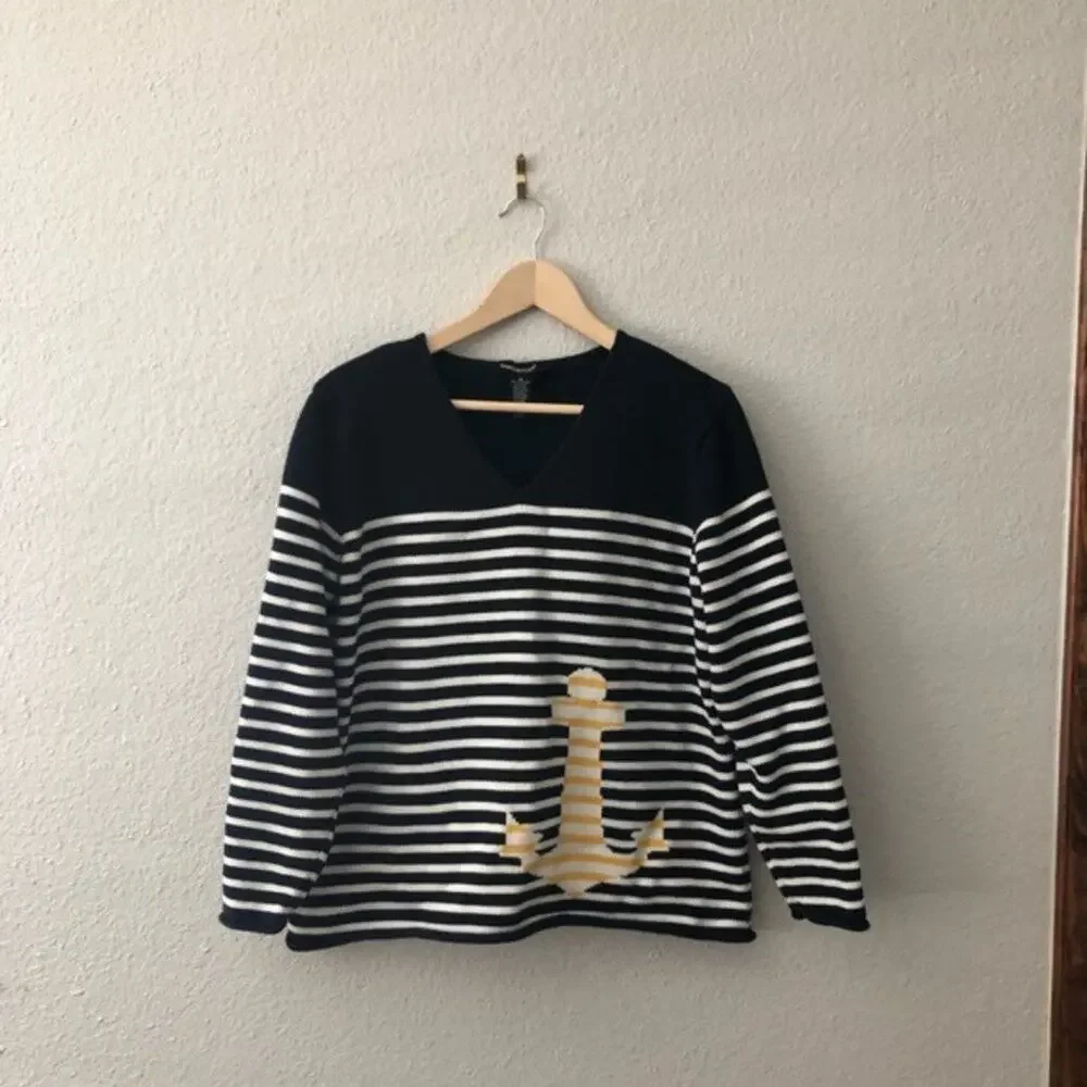 Navy & White Stripe Anchor Nautical Cozy Sweater